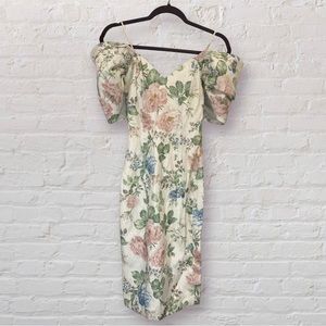 VTG 80s Jessica McClintock Bridal Pastel Floral Off-The-Shoulder Midi Dress